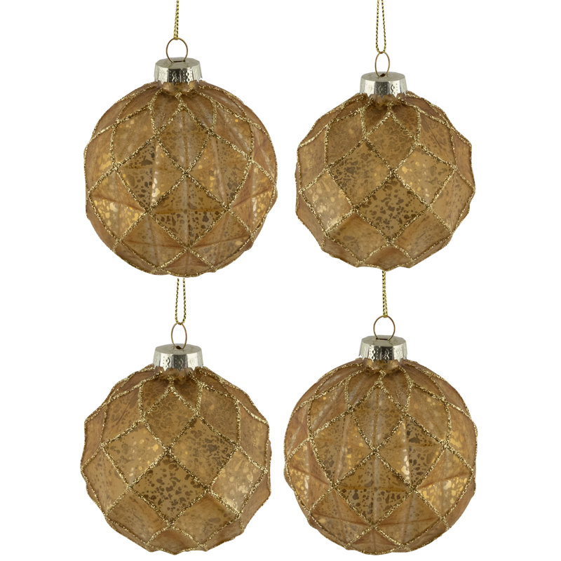 Geometric Glittered Mercury Glass Ball Christmas Ornaments - 3" (80Mm) - Gold - 4Ct