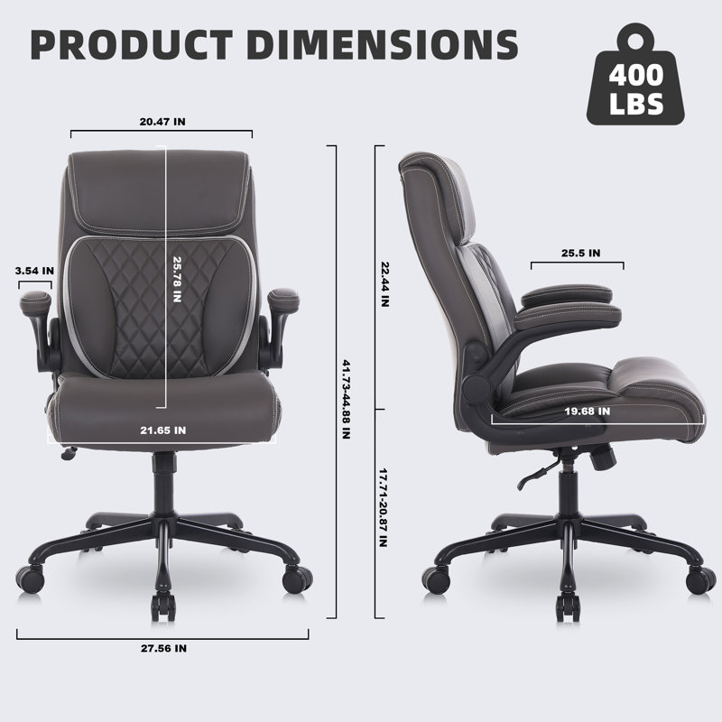 Kheyla Faux Leather Home Office Executive Chair, with Flip-up Armrest and Lumbar Support, Brown
