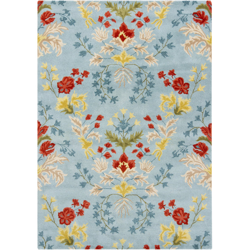 Adairsville Authentic Hand-Tufted Handmade Light Blue, Rust & Golden Yellow Traditional Symmetrical Botanical Wool Area Rug