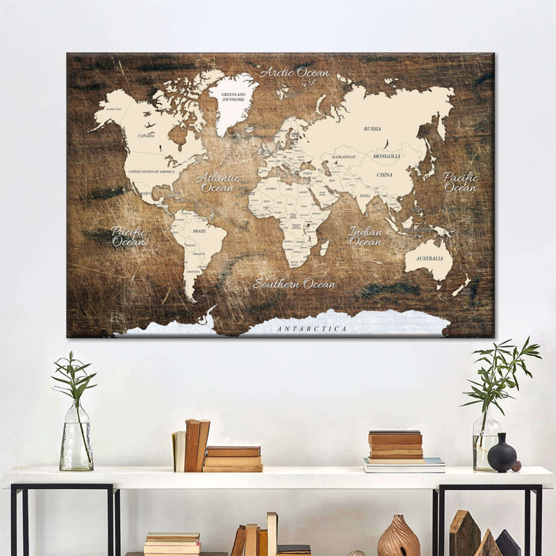 Carte rétro sur bois sur toile, H 30 po x l 45 po x P 1,25 po