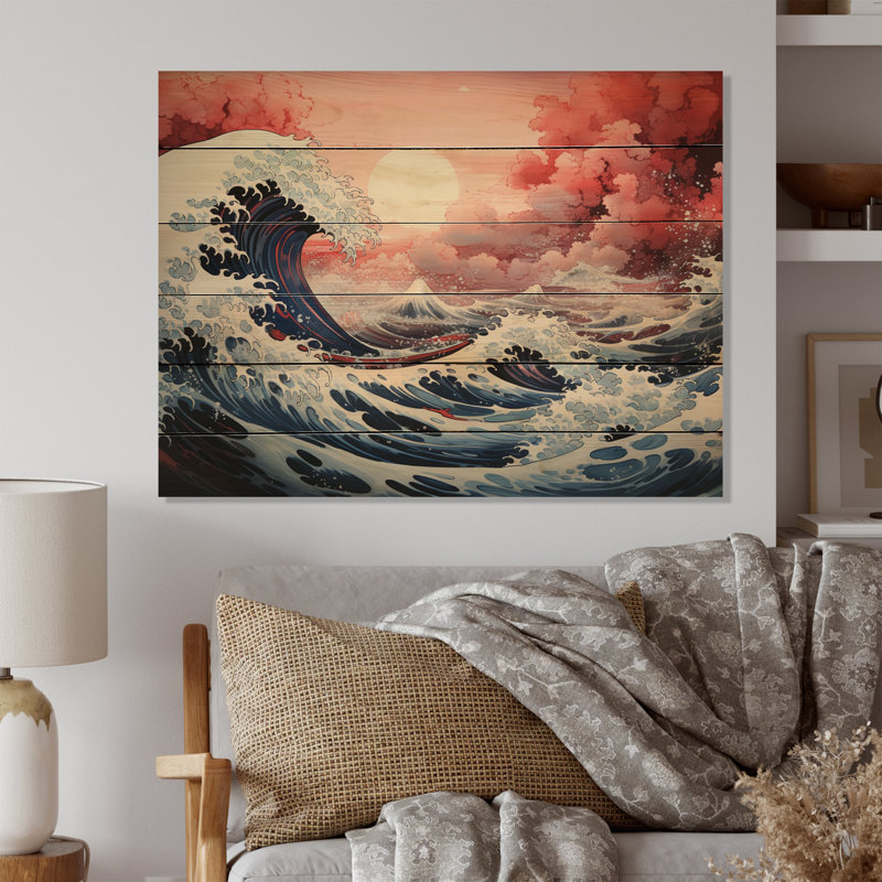 Chef-d'œuvre, la grande vague de Kanagawa II sur bois, H 10 po x l 20 po x P 0,78 po