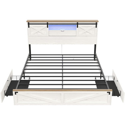 Farmhouse Bed Frame With Led Lights And Charging Station, Wooden Platform Bed With 2 Storage Drawers, Rustic Accent Headboard With Sliding Barn Door S by Gracie Oaks