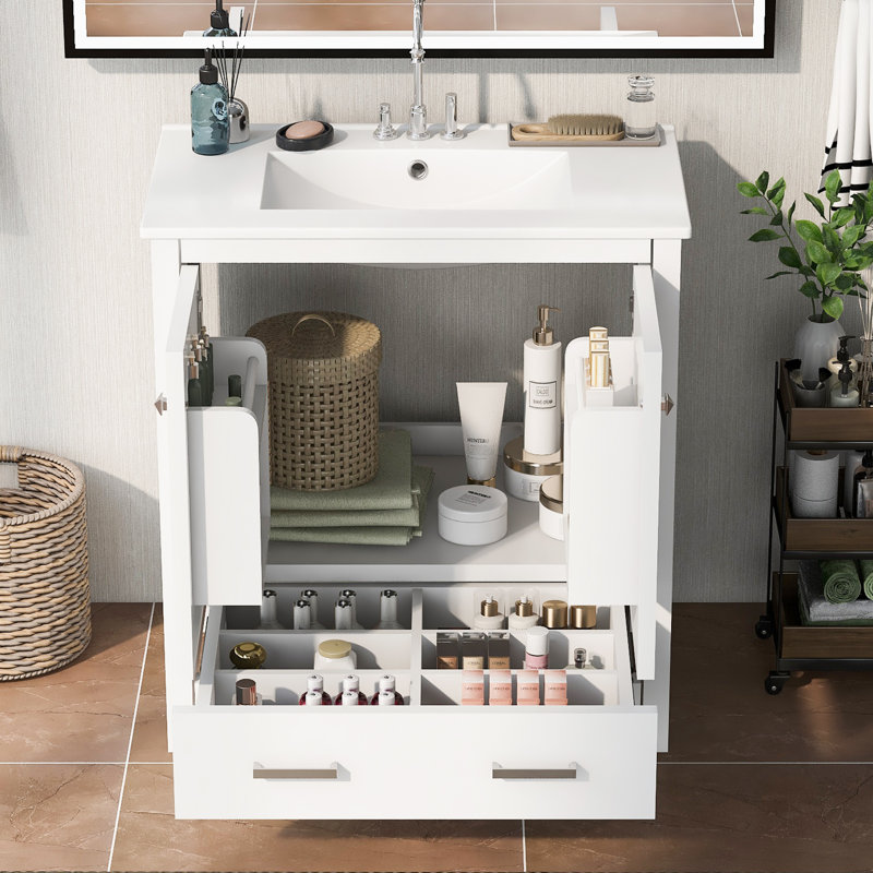 Nebo Single Bathroom Vanity with Ceramic Top, Silver, White, 30"