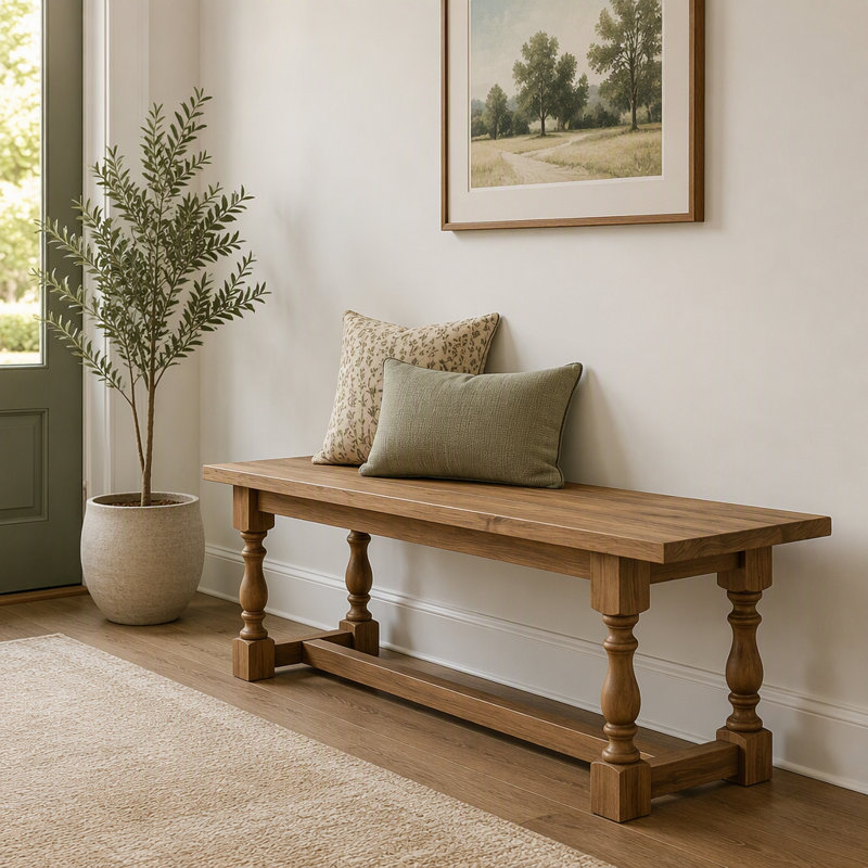 59.1" Solid Wood Entryway Bench with Turned Legs