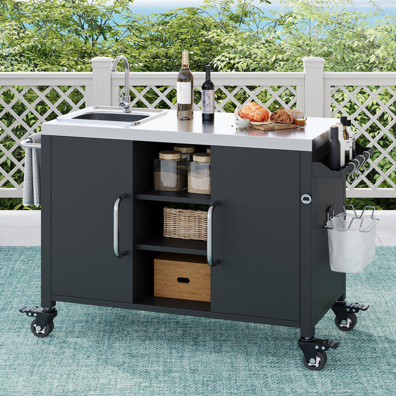 Opaline 55.5" Outdoor Kitchen Island With Stainless Steel Tabletop With Lockable Wheels