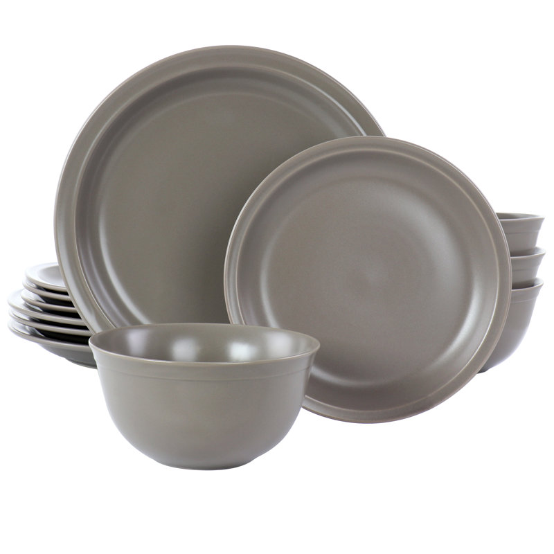 Service de table rond 12 pièces en grès gris chaud, gris
