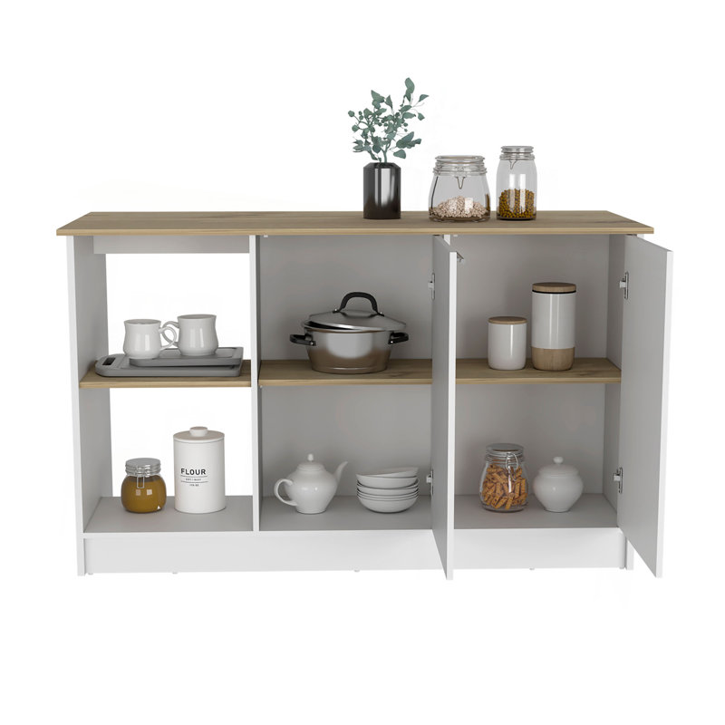 Kitchen Island With Large Countertop, Open Storage Shelves And Double Door Cabinet, 35.43" H x 59" W x  25.19" D, White/Brown