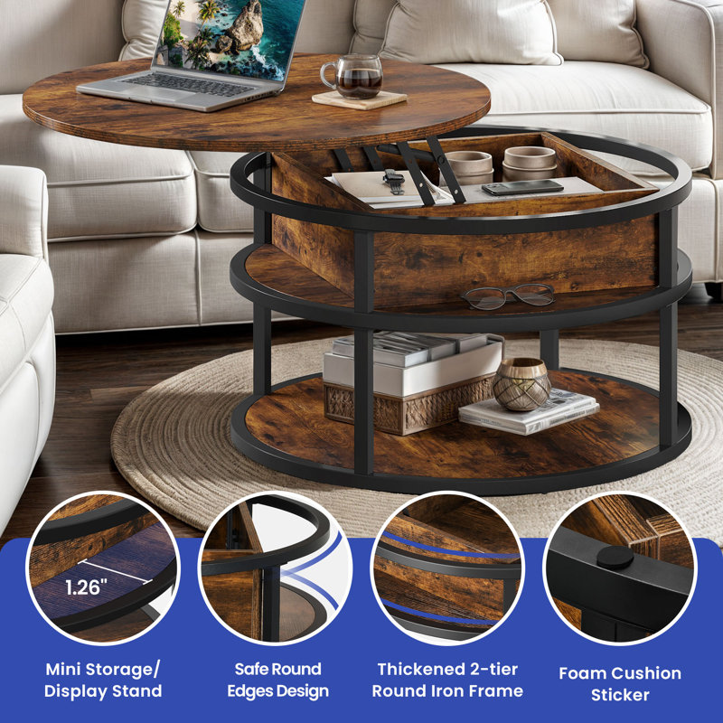 Kayln Lift Top Round Coffee Tables  with Storage for Living Room, Brown