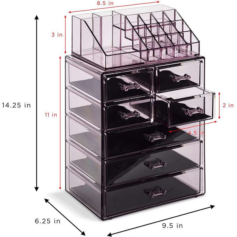 Purple Clear Acrylic Makeup Organizer with Drawers and Top Shelf
