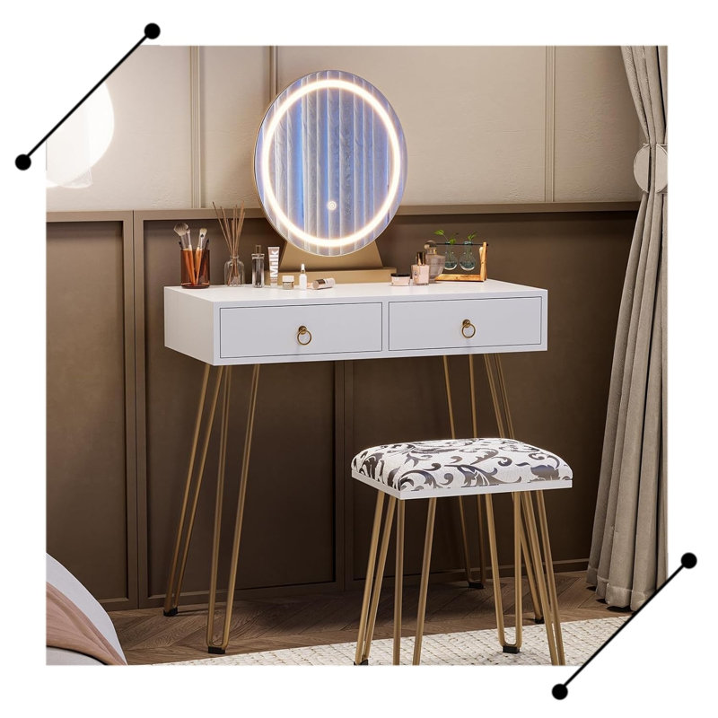 Table with Mirror Lamp,Dressing Table with 2 Drawers