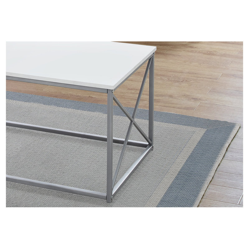 Ensemble de table de salon 3 pièces avec table basse et deux tables de bout, plateau en panneau de fibres à densité moyenne blanc avec structure en X argentée