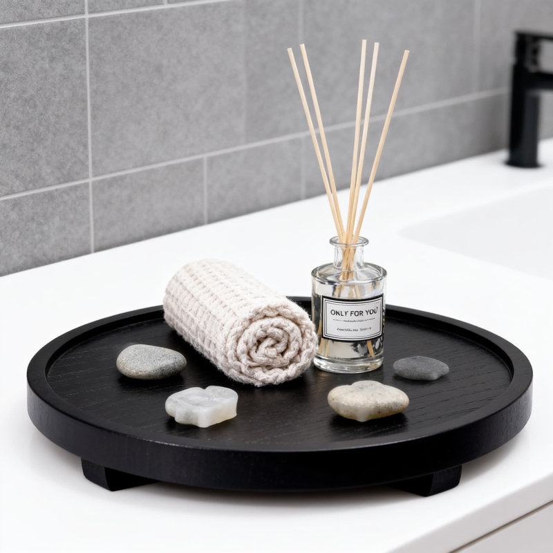 Rustic Round Wooden Tray, Handmade Farmhouse Vanity Organizer For Bathroom Counter & Kitchen Decor, Wooden Riser For Soap, Candles, Perfume & Essentials