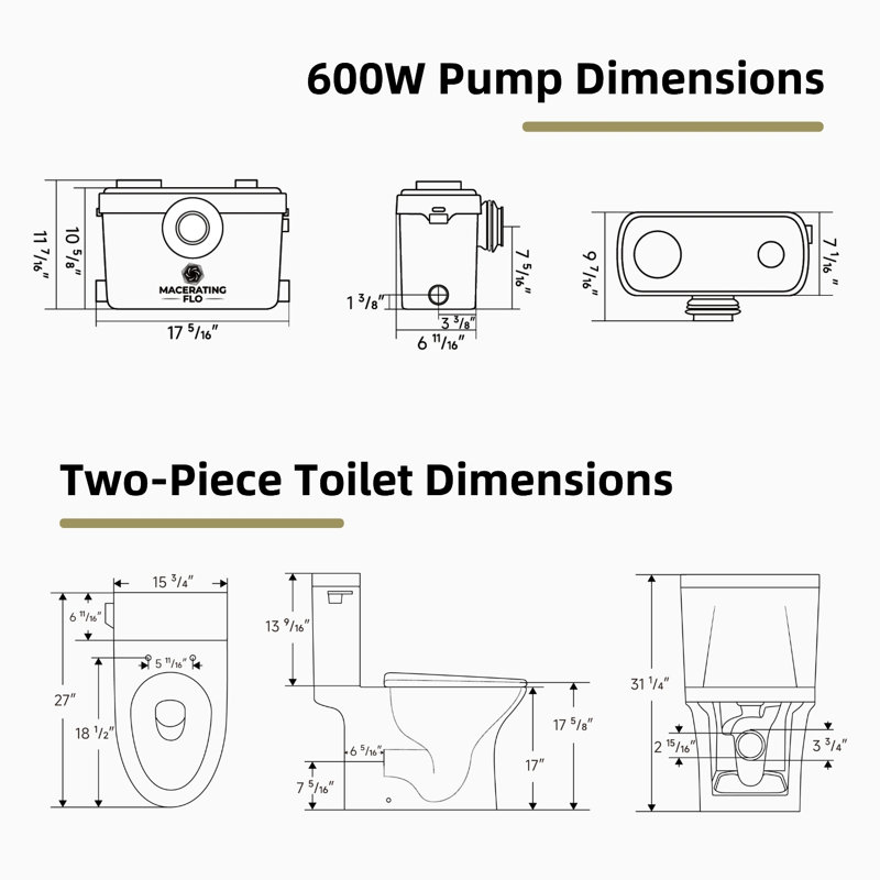 Toilette à chasse d'eau MaceratingFlo 600W pour sous-sol avec bol allongé, puissante pompe à macérateur et 3 entrées