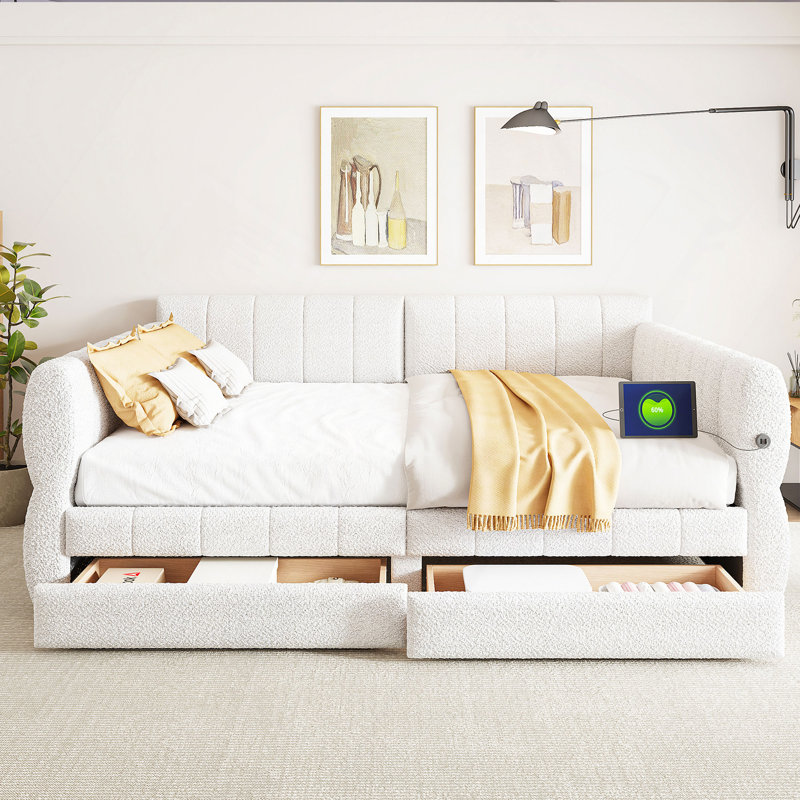 Grand lit plateforme tapissier avec port USB et 2 tiroirs, Blanc