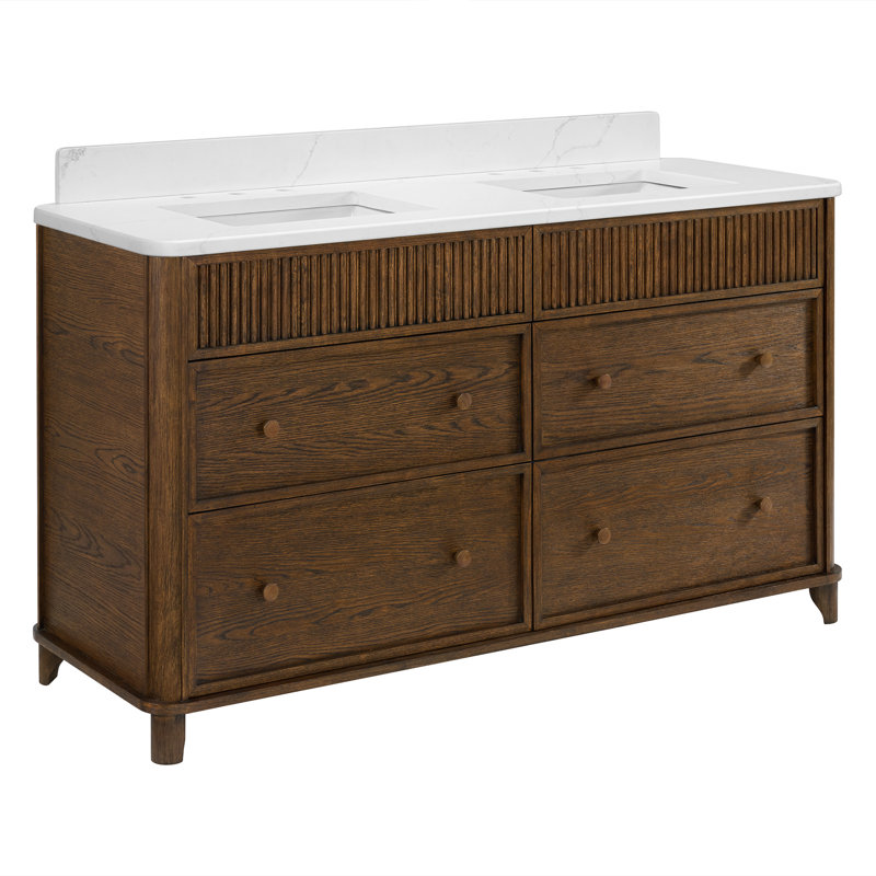 Meuble-lavabo double 60 po avec comptoir Statuario, Chêne brun rehaussé, 60"