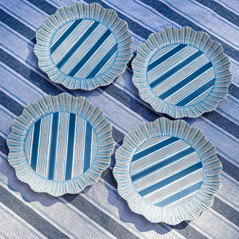 Cabana Stripe Melamine Dinner Plates, Seagrass/Ocean/Sunshine/Coral