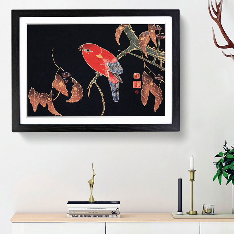 Red Parrot by Ito Jakuchu - Picture Frame Painting Print, Black Framed, 62cm H x 87cm W x 2cm D