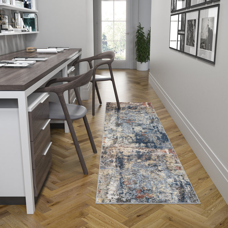 Tapis bleu marine / beige / gris à motif abstrait Sascha, Tapis de couloir 2 pi 8 po x 9 pi 10 po