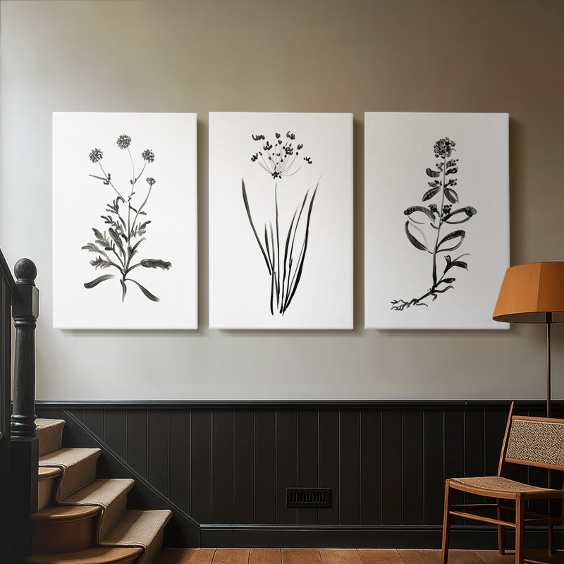 Inky Botanical I - Toile tendue avec châssis sur mesure - 3 pièces, H 12 po x l 24 po
