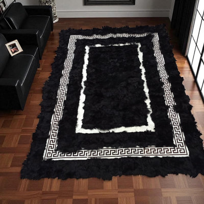 Tapis de couloir patchwork fait à la main noir et blanc en cuir toscan