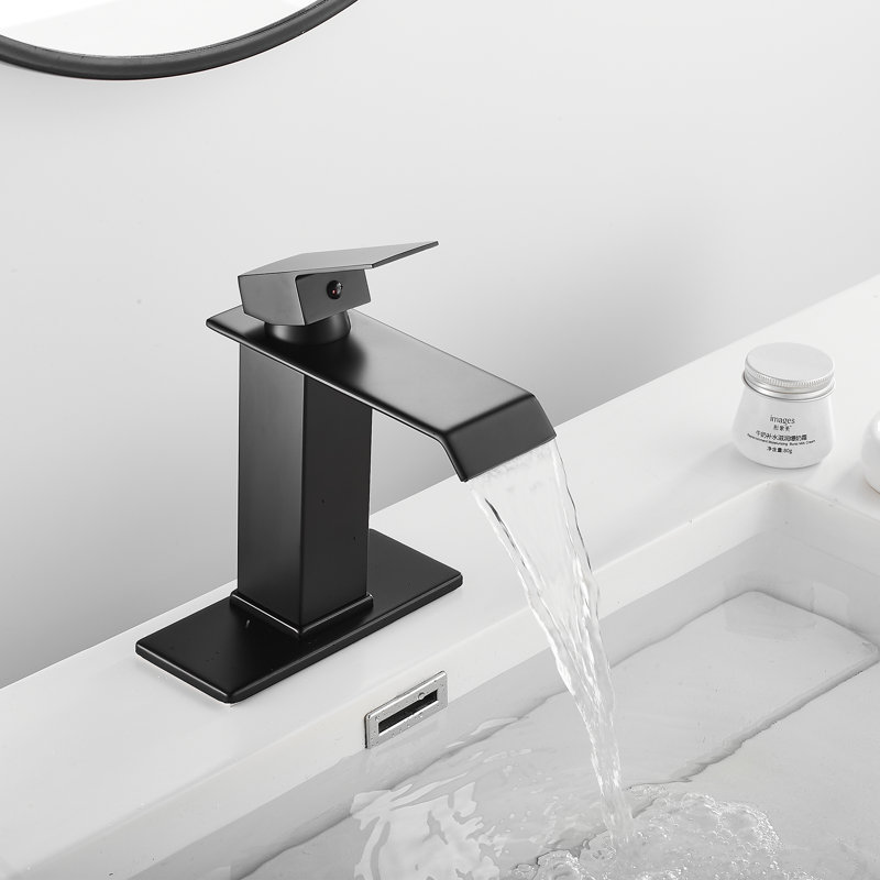 Single Hole Faucet Single-handle Waterfall Bathroom Faucet with Drain Assembly, Black