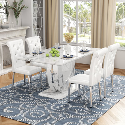 Modern 63" Faux Marble Dining Table Set with Spring-Supported PU Leather Chairs