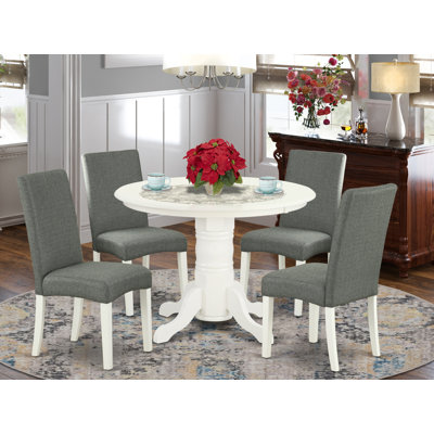 5 Piece Kitchen Table & Chairs Set Includes a Round Dining Room Table with Pedestal and 4 Gray Linen Fabric Parson Dining Chairs, Linen White