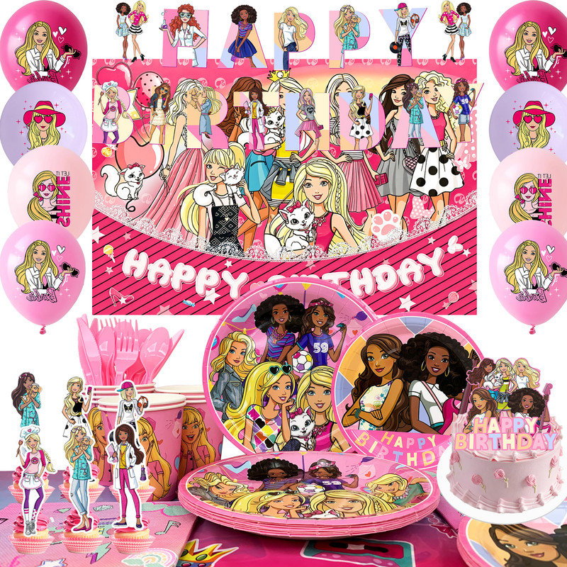 Ensemble de décorations de fête d'anniversaire Barbie, ensemble de 98 pièces de vaisselle pour enfants Barbie