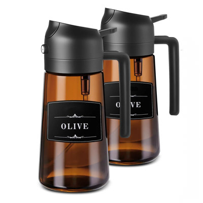 Distributeur d'huile et pulvérisateur 2-en-1 en verre - Bouteille étanche 16 oz / 470 ml pour la cuisson, la friteuse à air, le barbecue, la cuisson, la salade (2 pièces noires)