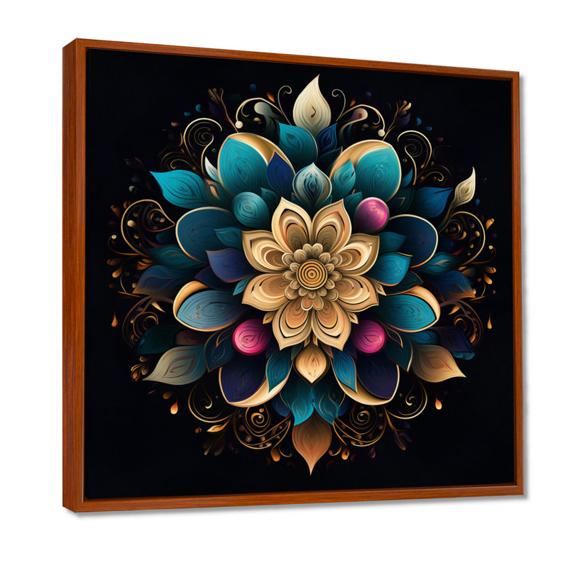Fleur d'or turquoise - salon Boho Mandala, Toile avec cadre flottant brun, H 30 po x l 30 po x P 1 po
