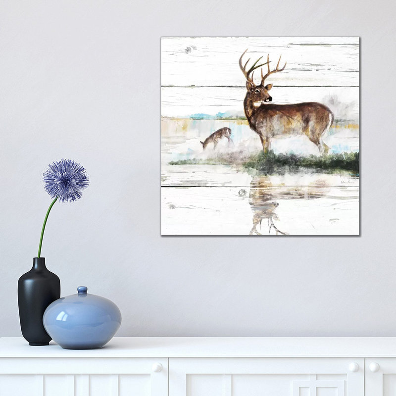 «Rustic Misty Deer» par Ruane Manning - reproduction d'art, H 18 po x l 18 po x 1,5 po, Aucun mat, Toile tendue