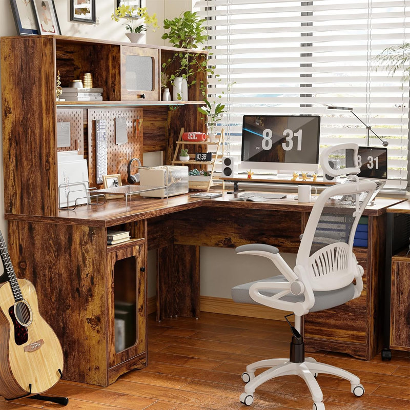 Vello L Shaped Desk with Drawers, Office Desk with Power Outlet, LED Lights, Hutch and File Cabinets, Rustic Brown