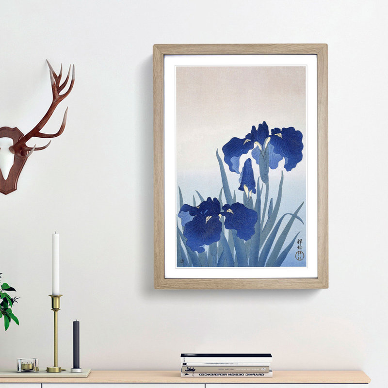 Blue Iris Flowers by Ohara Koson - Picture Frame Painting Print, 36cm H x 27cm W x 2cm D, Oak Framed