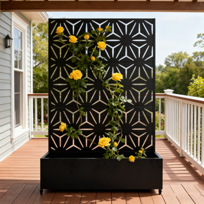 Metal Planter Wall with Trellis and Wheels, Rolling Raised Garden Bed with Privacy Screen, Outdoor Vertical Planter Box for Climbing Plants, Vegetables & Flowers, Weather-Resistant Metal