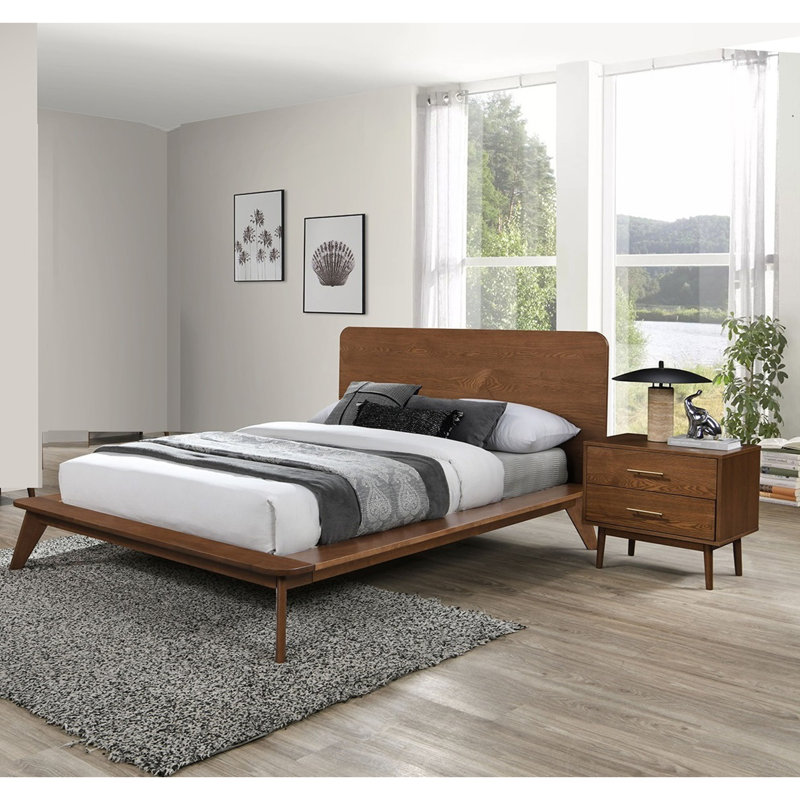 Ensemble de chambre à coucher 3 pièces avec lit plateforme couleur noyer, Très grand lit