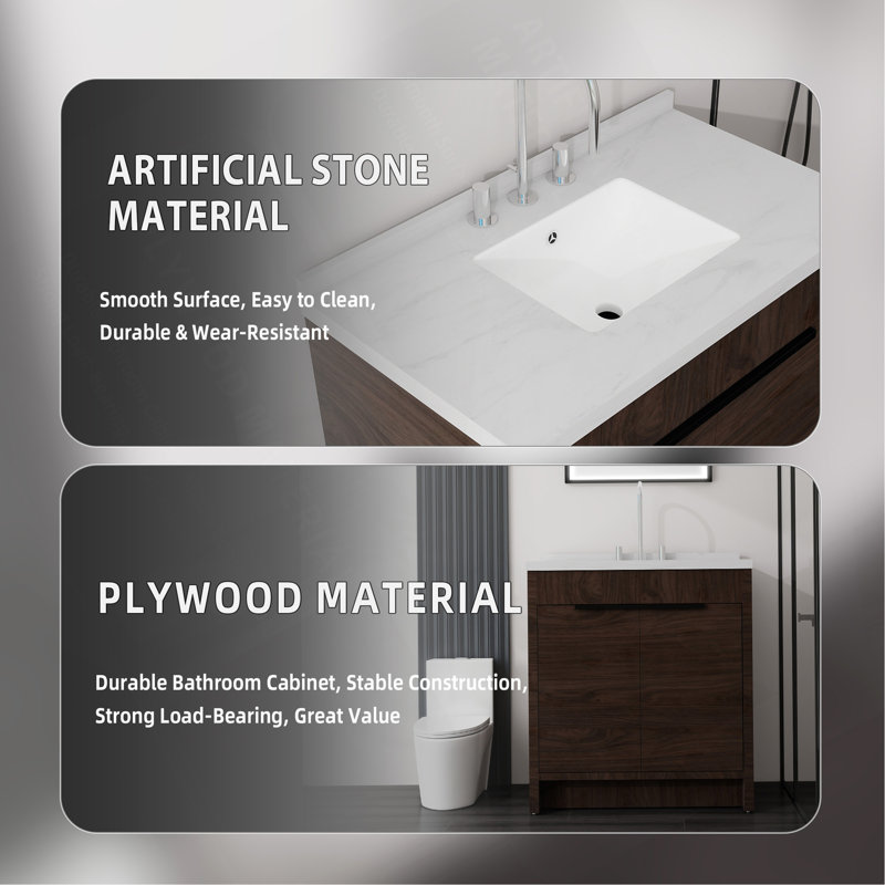 Meuble-lavabo autoportant de 91 cm avec lavabo, porte à fermeture amortie, comptoir et dosseret en marbre synthétique blanc de Carrare de 5 cm, contreplaqué