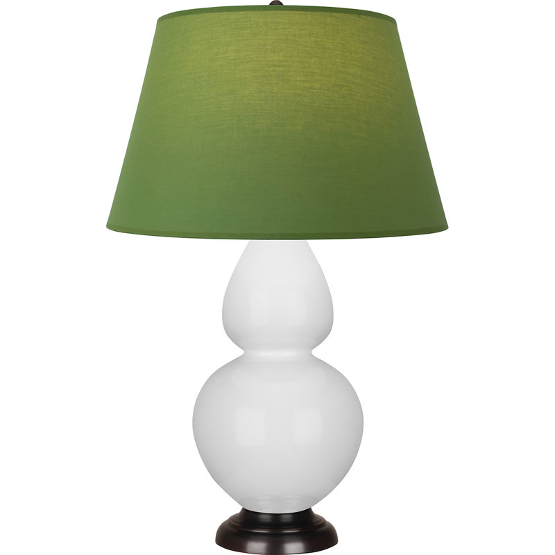 Lampe de table double gourde en céramique, Thé vert / taupe, Marguerite émaillée / bronze, Bronze