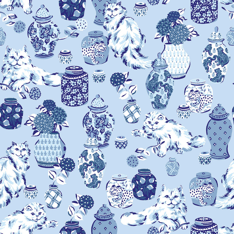 Papier peint adhésif bleu Fancy Cats, Bleu