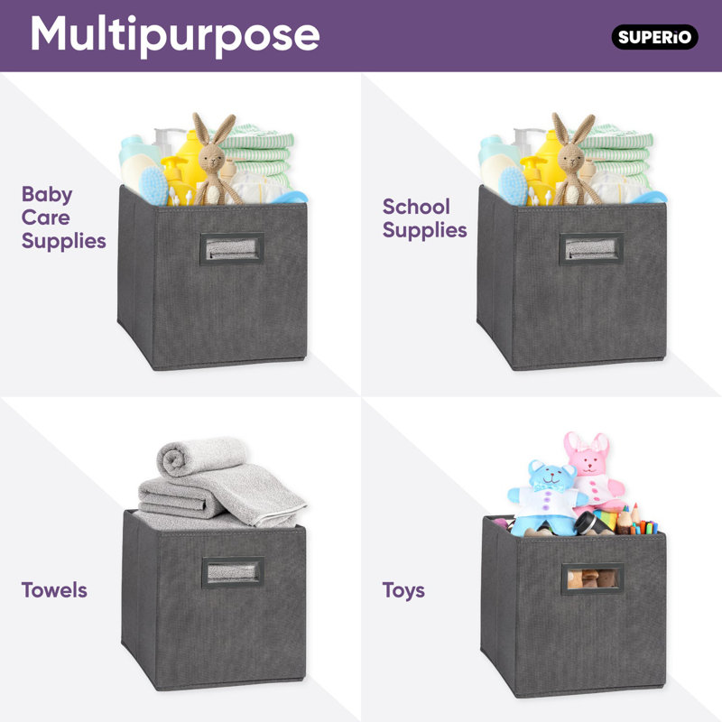 Collapsible Fabric Organizing Bin, Foldable Space Saver Storage Solution, Pack of 2, by Superio, Gray