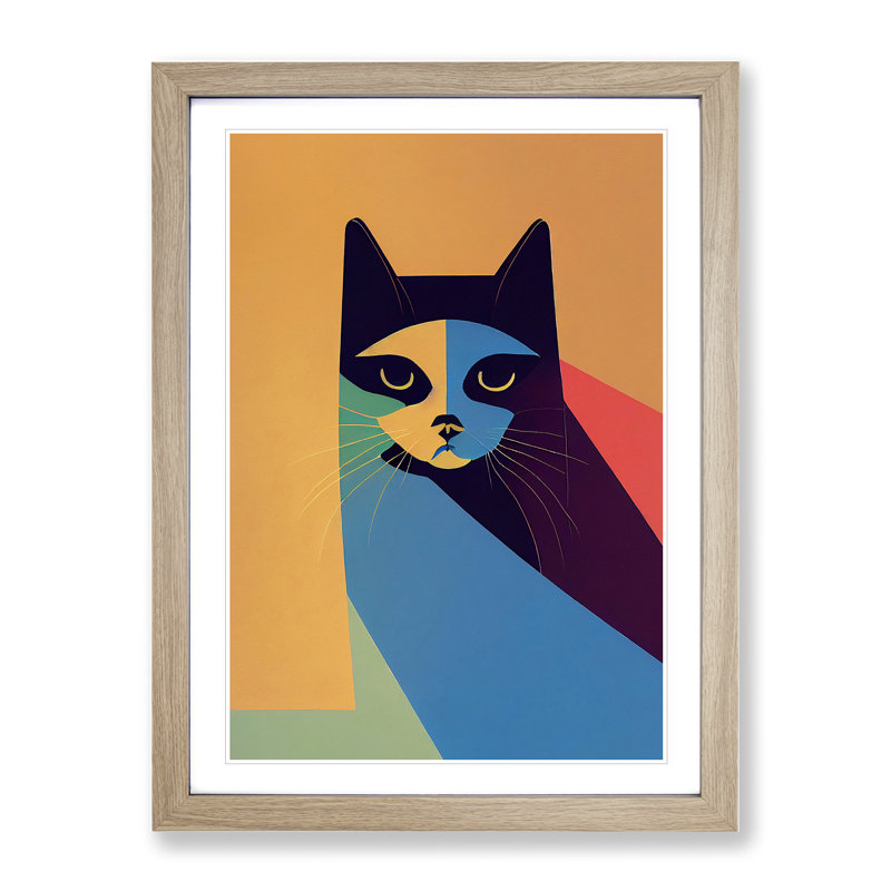 Colourful Cat No.1 Abstract - Single Picture Frame Painting, Oak, 64cm H x 46cm W x 2cm D