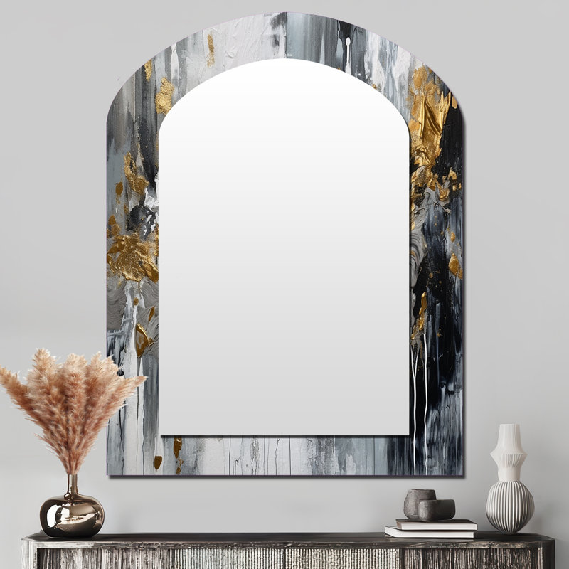 Noir et blanc délicat Brushstrokes I - miroir décoratif asymétrique en marbre, grand miroir mural arqué moderne, impression d'art en métal
