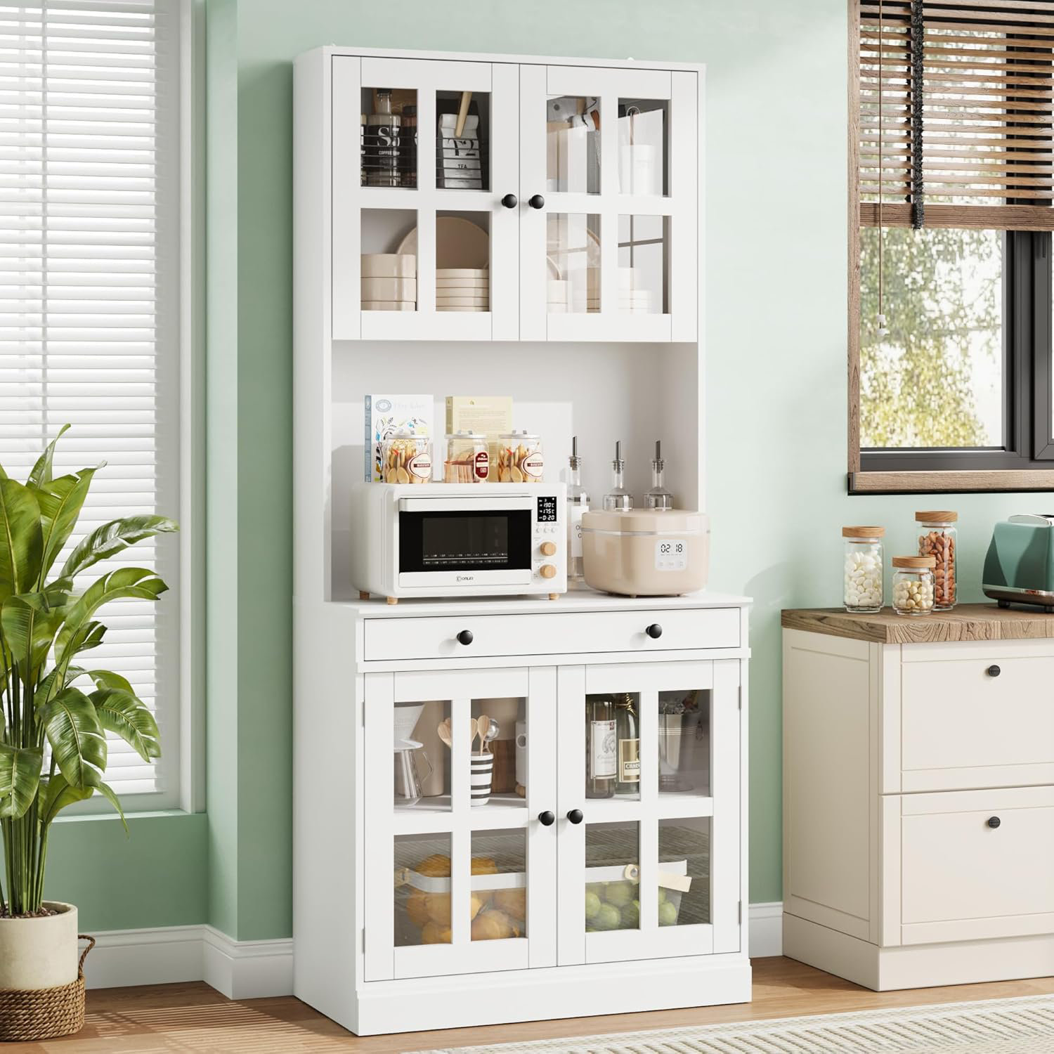 72" Kitchen Pantry Cabinet, Farmhouse Storage Cabinet with Glass Doors & Shelves, White - White