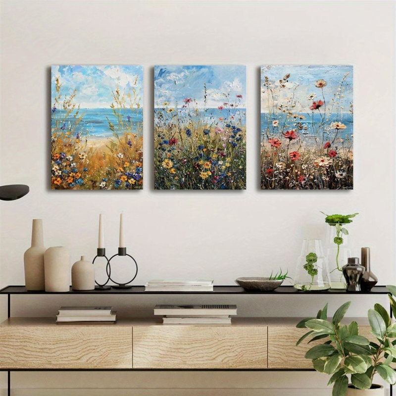 Impression sur toile 3 pièces Farmhouse Coastal Wildflower, 18 x 12 pouces 3 pièces