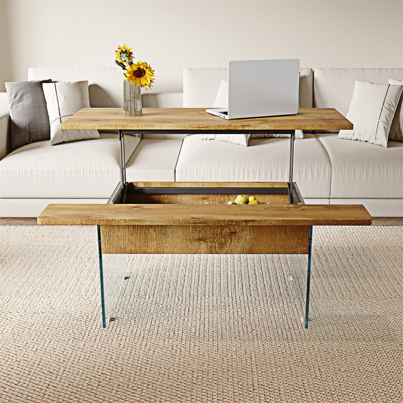 Table basse à plateau relevable avec rangement, Bois naturel
