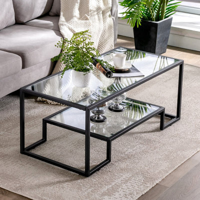 Rectangular Tempered Glass Coffee Table With Metal Frame,accent Modern Side Table With Additional Storage Shelf by Mercer41