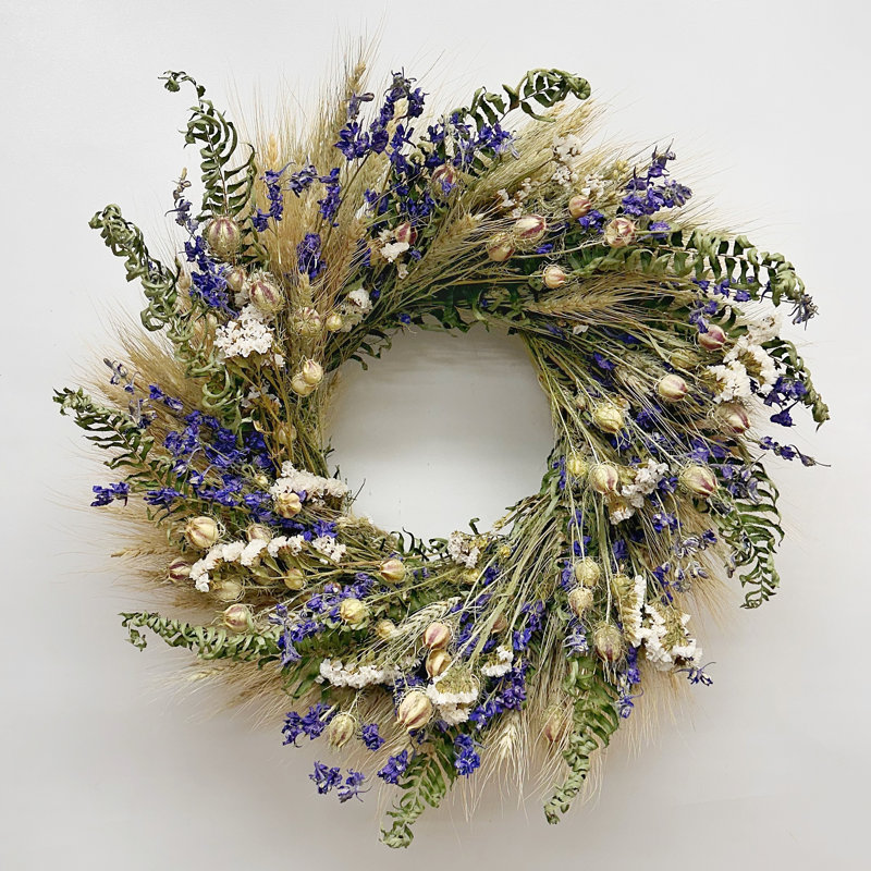 Dried Spring Blue Larkspur and Fern Wreath, 30" W x 30" H x 6" D