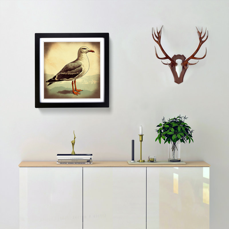 Seagull Retro - Single Picture Frame Print on Wood, Black