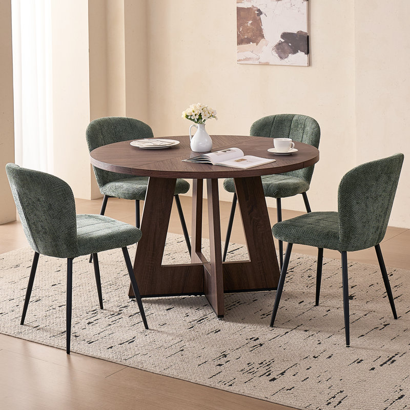 5-Piece Modern Round Dining Set, Walnut Table With 4 Green Upholstered Chairs, Green, Brown