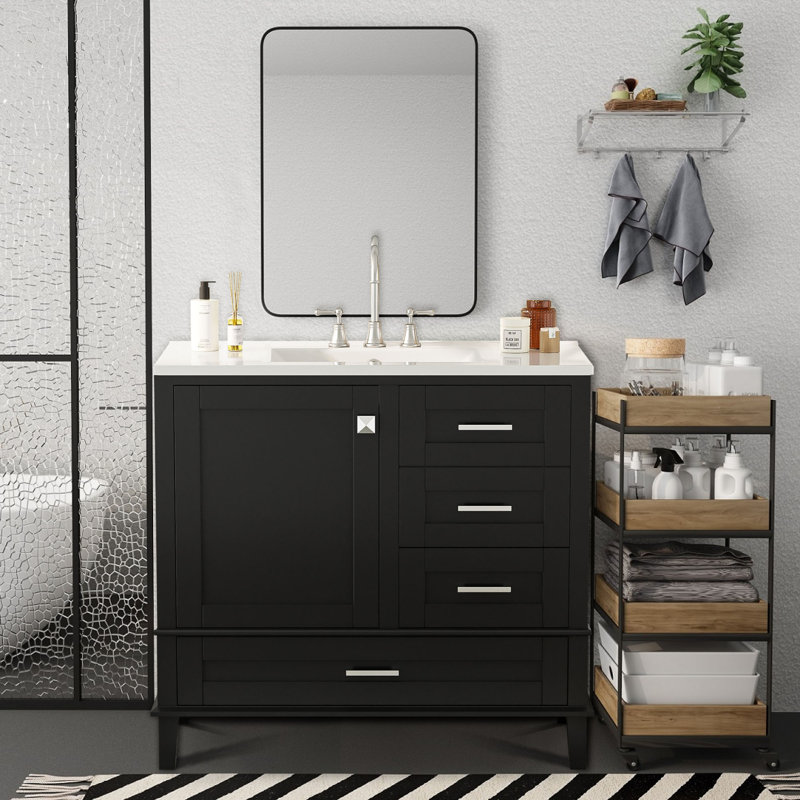 Meuble-lavabo autoportant moderne avec lavabo en céramique, Noir, noir, noir, noir
