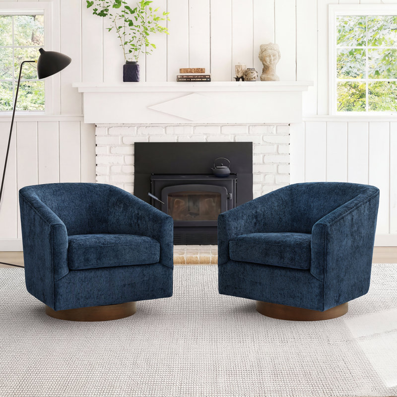 Forno Upholstered Swivel Barrel Chair With Wood Base, Navy